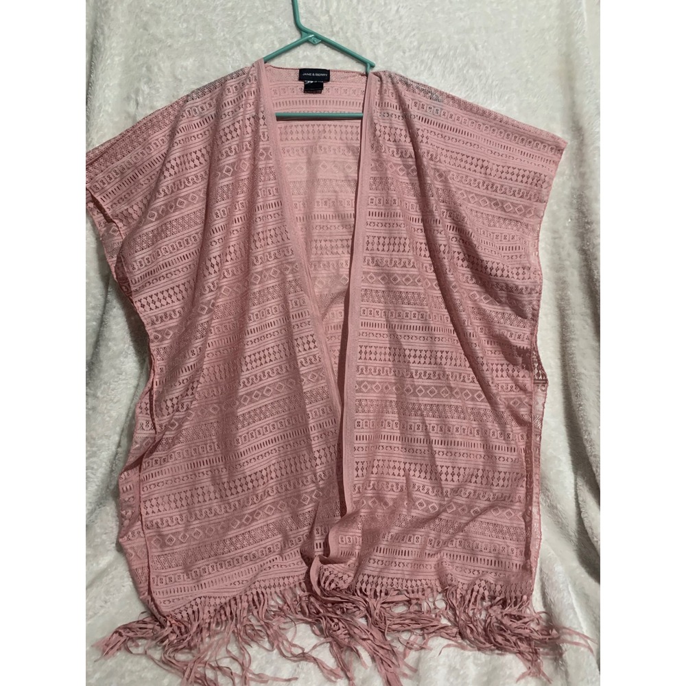 Jane & Berry Pink Lace Kimono Wrap Fringe Hem Geometric Open Knit One Size